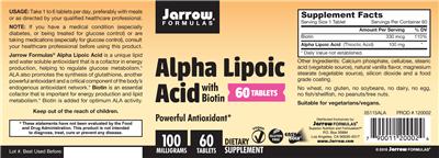 Photo of the Jarrow Formulas Alpha Lipoic Acid 100 mg with Biotin label