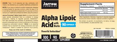 Photo of the Jarrow Formulas Alpha Lipoic Acid 100 mg with Biotin label