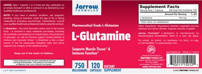 Photo of the Jarrow Formulas L-Glutamine 750 mg label