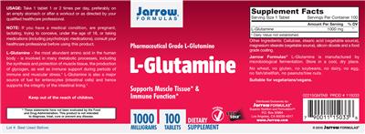 Photo of the Jarrow Formulas L-Glutamine 1000 mg label