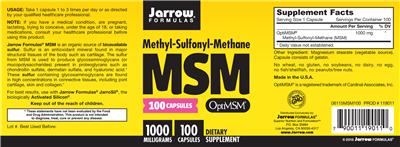 Photo of the Jarrow Formulas MSM 1000 mg label
