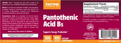 Photo of the Jarrow Formulas Pantothenic Acid B5 500 mg label