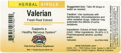 Photo of the Herbs Etc. Valerian label