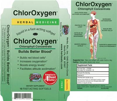 Photo of the Herbs Etc. ChlorOxygen Chlorophyll Concentrate Softgels label