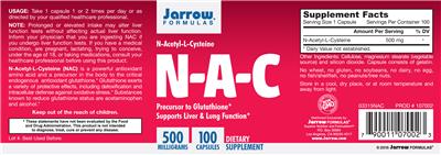 Photo of the Jarrow Formulas N-A-C 500 mg label