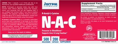 Photo of the Jarrow Formulas N-A-C 500 mg label