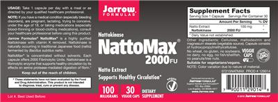 Photo of the Jarrow Formulas NattoMax 2000 FU 100 mg label