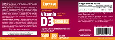 Photo of the Jarrow Formulas Vitamin D3 2500 IU label