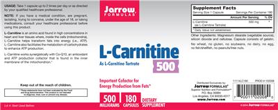 Photo of the Jarrow Formulas L-Carnitine 500 mg label