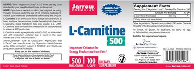 Photo of the Jarrow Formulas L-Carnitine 500 mg label