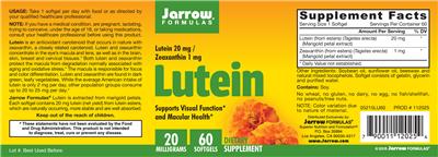 Photo of the Jarrow Formulas Lutein 20 mg label