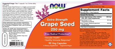 Photo of the NOW Extra Strength Grape Seed 250 mg label
