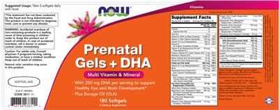Photo of the NOW Prenatal Gels + DHA label