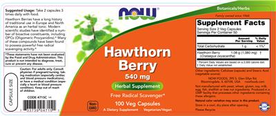 Photo of the NOW Hawthorn Berry 540 mg label