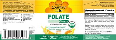 Photo of the Country Life Folate 800 mcg Orange Flavor label
