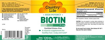 Photo of the Country Life High Potency Biotin 10 mg label