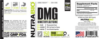Photo of the NutraBio DMG 150 Milligrams label