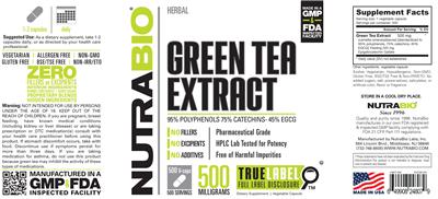 Photo of the NutraBio Green Tea Extract 500 Milligrams label