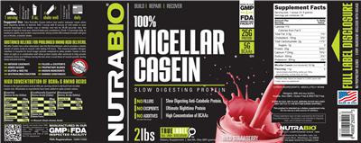 Photo of the NutraBio 100% Micellar Casein Wild Strawberry label
