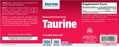 Photo of the Jarrow Formulas Taurine 1000 mg label