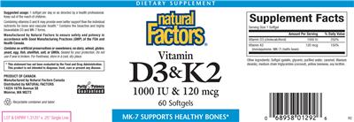 Photo of the Natural Factors Vitamin D3 & K2 label