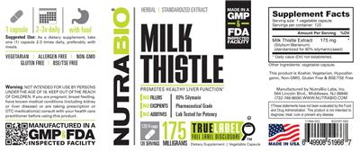 Photo of the NutraBio Milk Thistle 175 Milligrams label