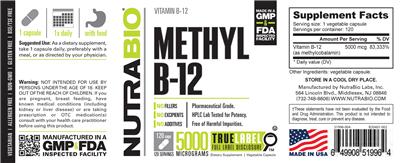 Photo of the NutraBio Methyl B-12 5000 Micrograms label