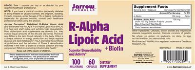 Photo of the Jarrow Formulas R-Alpha Lipoic Acid 100 mg label