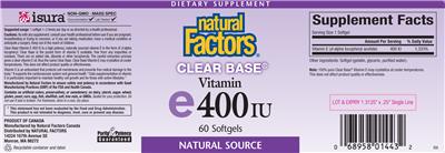 Photo of the Natural Factors Clear Base Vitamin E 400 IU label