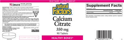 Photo of the Natural Factors Calcium Citrate 350 mg label