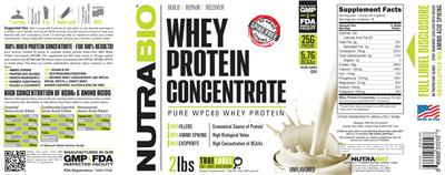 Photo of the NutraBio Whey Protein Concentrate Unflavored label
