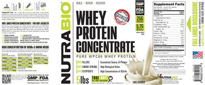 Photo of the NutraBio Whey Protein Concentrate Unflavored label