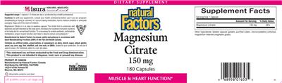 Photo of the Natural Factors Magnesium Citrate 150 mg label