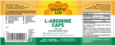 Photo of the Country Life L-Arginine Caps 500 mg label