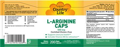 Photo of the Country Life L-Arginine Caps 500 mg label