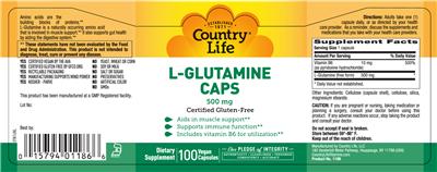 Photo of the Country Life L-Glutamine Caps 500 mg label