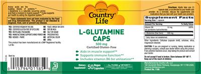 Photo of the Country Life L-Glutamine Caps 500 mg label