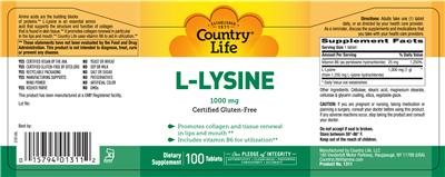 Photo of the Country Life L-Lysine 1000 mg label