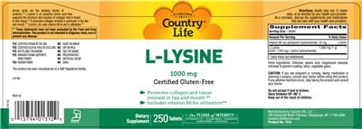 Photo of the Country Life L-Lysine 1000 mg label