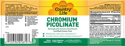 Photo of the Country Life Chromium Picolinate label