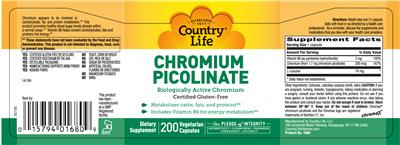 Photo of the Country Life Chromium Picolinate label