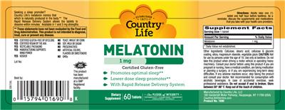 Photo of the Country Life Melatonin 1 mg label