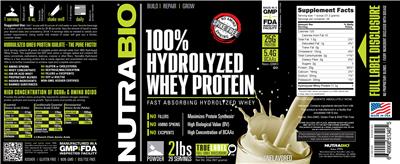 Product label for 100% Hydrolyzed Whey Protein Unflavored