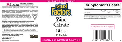 Photo of the Natural Factors Zinc Citrate 15 mg label