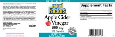 Photo of the Natural Factors Apple Cider Vinegar 500 mg label