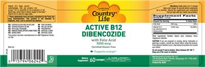Photo of the Country Life Active B12 Dibencozide with Folic Acid 3000 mcg label