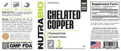 Photo of the NutraBio Chelated Copper 3 Milligrams label