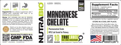 Photo of the NutraBio Manganese Chelate 10 Milligrams label