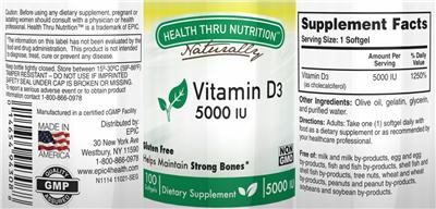 Photo of the Health Thru Nutrition Naturally Vitamin D3 5000 IU label
