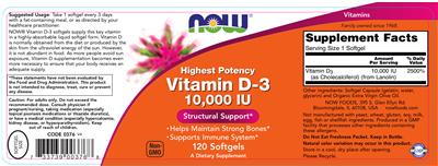 Photo of the NOW Vitamin D-3 10,000 IU label